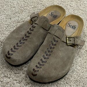 Sofft Taupe Suede Mules with Buckle Detail